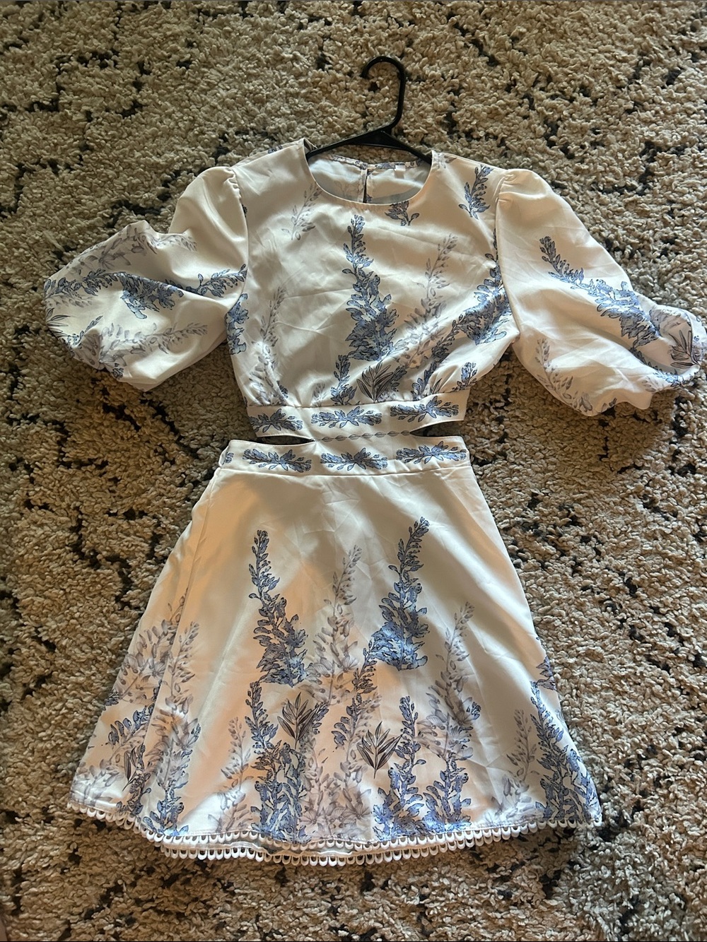 White and Blue Floral Cut-Out Dress Set